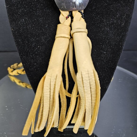 Navajo Turquoise Sterling Silver Bolo Tie With Beaded Leather Native American US - Picture 7 of 15